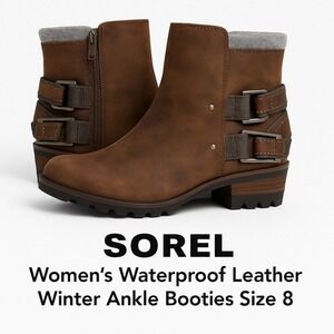 Sorel Lolla Waterproof Leather Ankle Booties‎ Brown Stacked Heel Women's Size 8